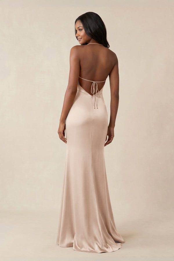 Mermaid V - Neck Satin Bridesmaid Dress With Slit in Buttercream - KISS BRIDAL Bridesmaid Dresses
