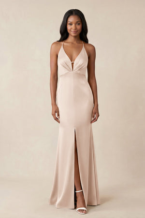 Mermaid V - Neck Satin Bridesmaid Dress With Slit in Buttercream - KISS BRIDAL Bridesmaid Dresses