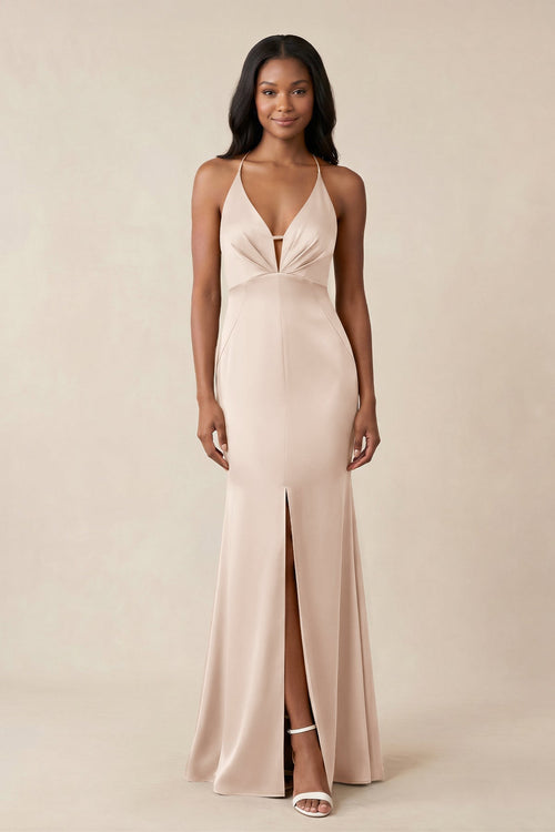 Mermaid V - Neck Satin Bridesmaid Dress With Slit in Buttercream - KISS BRIDAL Bridesmaid Dresses