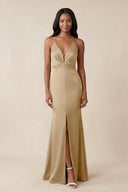 Mermaid V - Neck Satin Bridesmaid Dress With Slit in Champagne - KISS BRIDAL Bridesmaid Dresses
