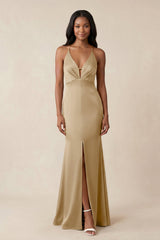 Mermaid V - Neck Satin Bridesmaid Dress With Slit in Champagne - KISS BRIDAL Bridesmaid Dresses