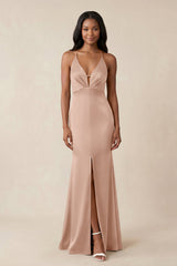 Mermaid V - Neck Satin Bridesmaid Dress With Slit in Champagne Rose - KISS BRIDAL Bridesmaid Dresses