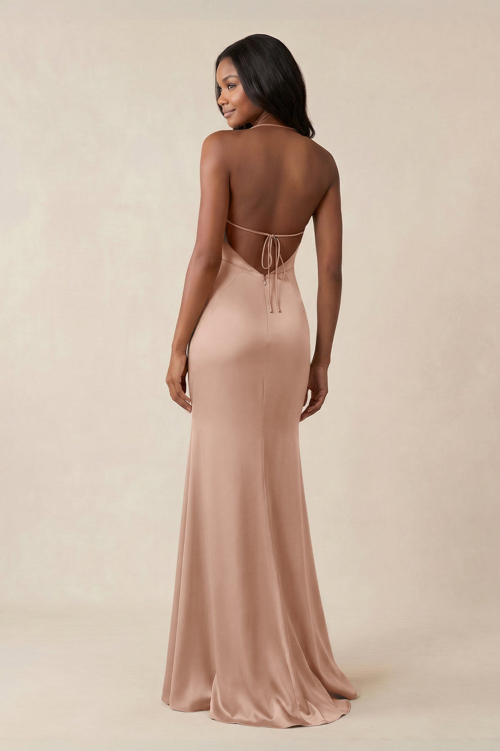 Mermaid V - Neck Satin Bridesmaid Dress With Slit in Champagne Rose - KISS BRIDAL Bridesmaid Dresses