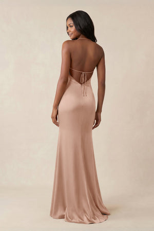 Mermaid V - Neck Satin Bridesmaid Dress With Slit in Champagne Rose - KISS BRIDAL Bridesmaid Dresses
