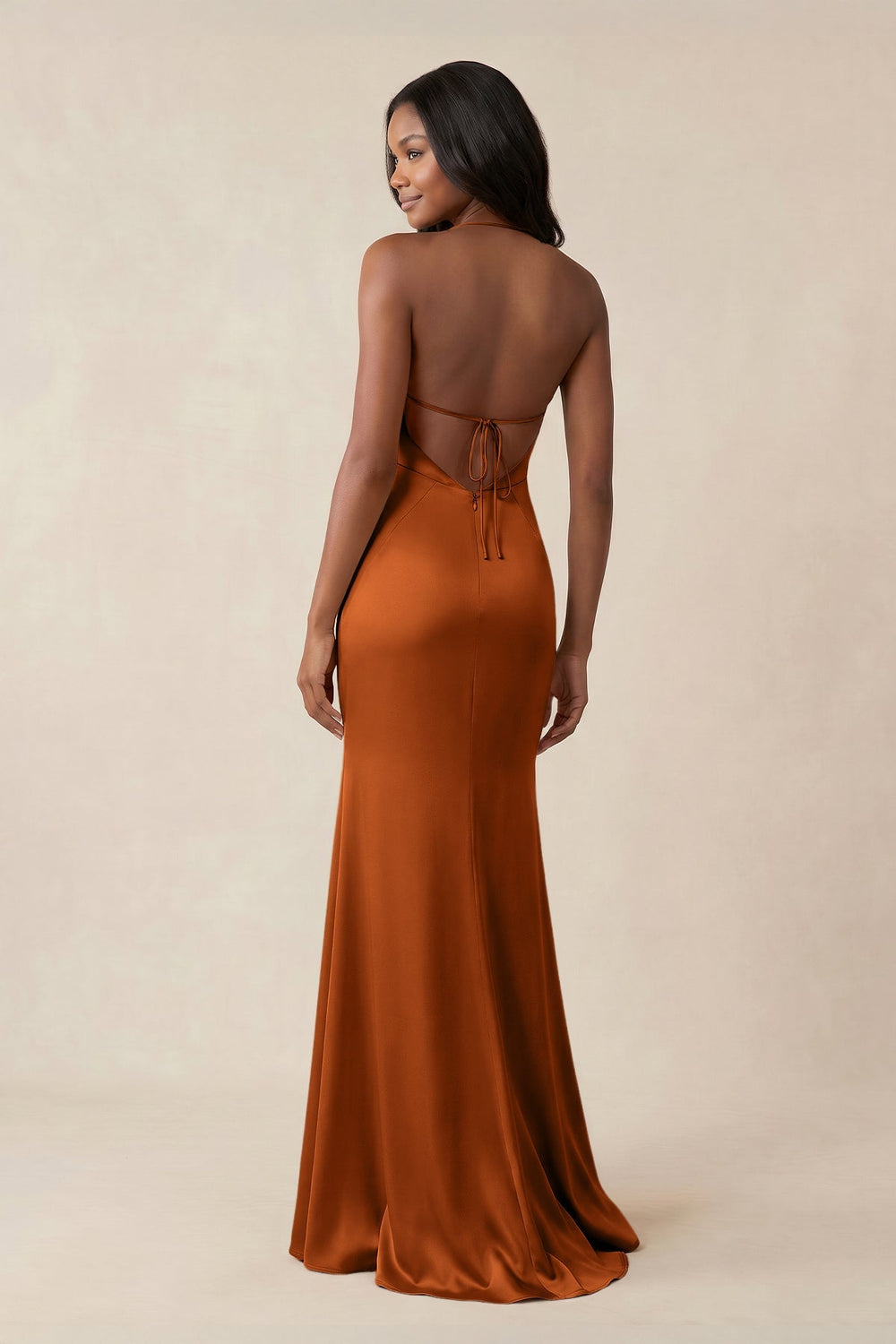 Mermaid V - Neck Satin Bridesmaid Dress With Slit in Cinnamon - KISS BRIDAL Bridesmaid Dresses