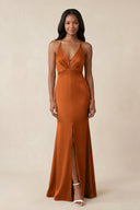 Mermaid V - Neck Satin Bridesmaid Dress With Slit in Cinnamon - KISS BRIDAL Bridesmaid Dresses