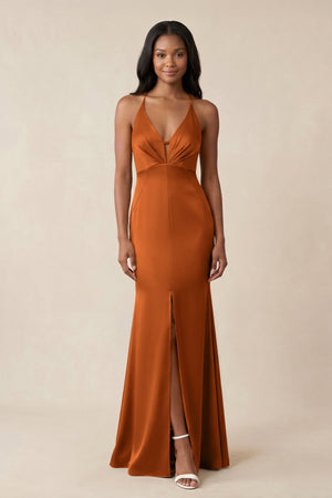 Mermaid V - Neck Satin Bridesmaid Dress With Slit in Cinnamon - KISS BRIDAL Bridesmaid Dresses