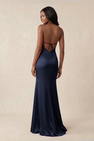 Mermaid V - Neck Satin Bridesmaid Dress With Slit in Dark Navy - KISS BRIDAL Bridesmaid Dresses