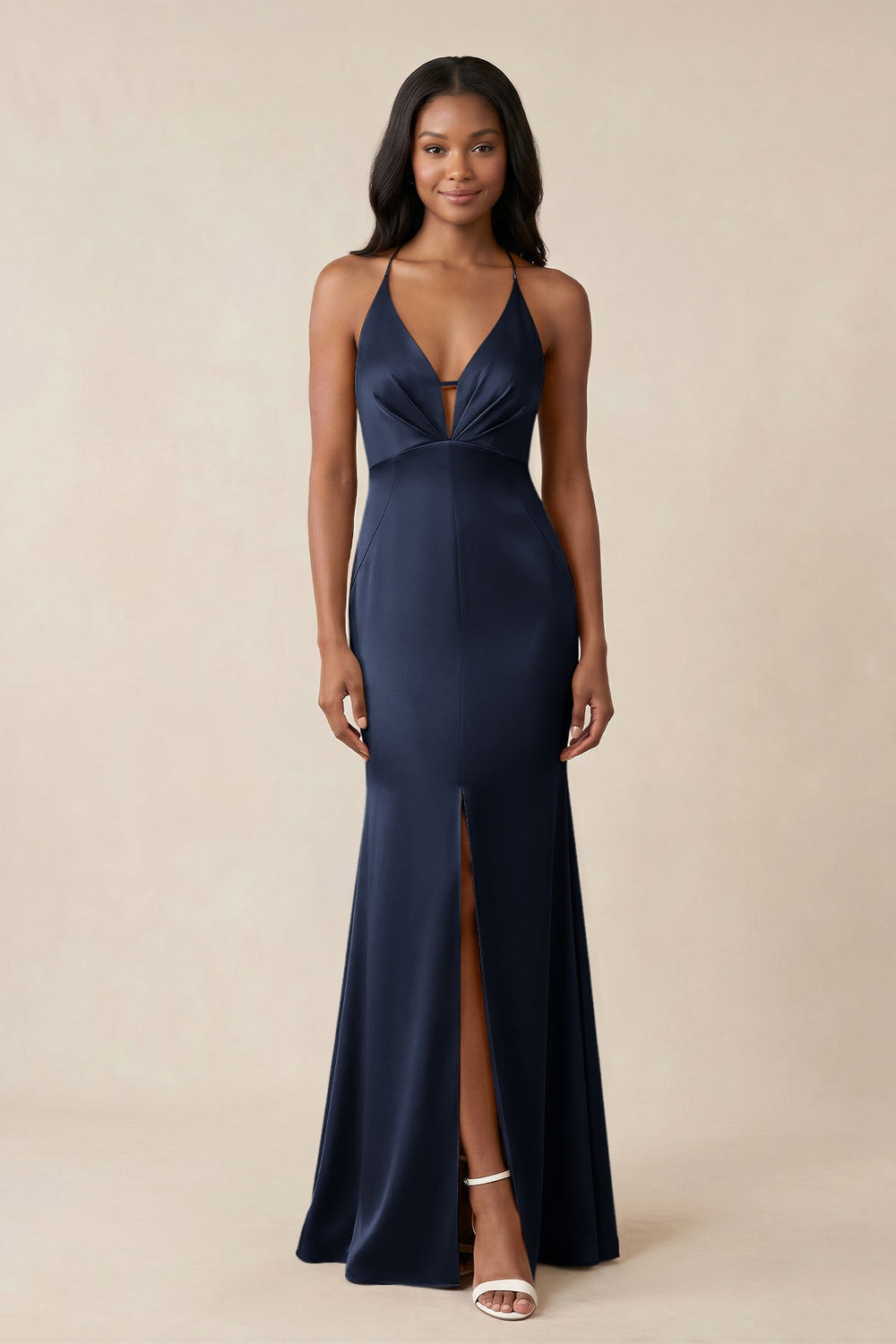 Mermaid V - Neck Satin Bridesmaid Dress With Slit in Dark Navy - KISS BRIDAL Bridesmaid Dresses
