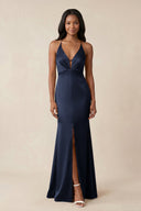 Mermaid V - Neck Satin Bridesmaid Dress With Slit in Dark Navy - KISS BRIDAL Bridesmaid Dresses