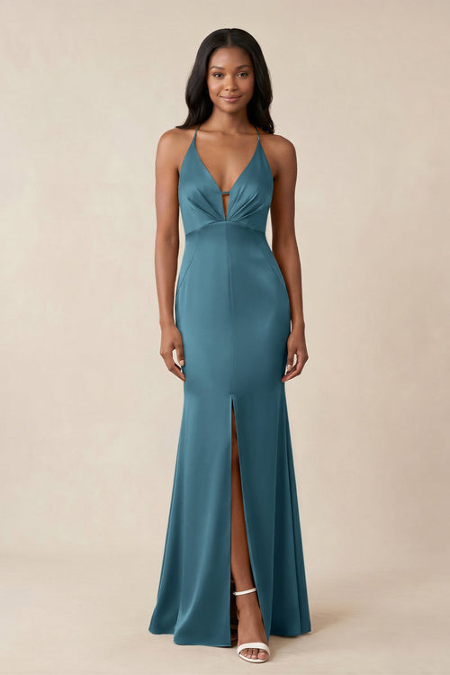 Mermaid V - Neck Satin Bridesmaid Dress With Slit in Dark Teal - KISS BRIDAL Bridesmaid Dresses