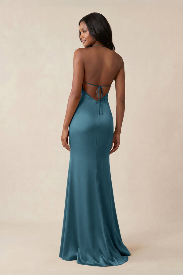 Mermaid V - Neck Satin Bridesmaid Dress With Slit in Dark Teal - KISS BRIDAL Bridesmaid Dresses