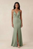Mermaid V - Neck Satin Bridesmaid Dress With Slit in Dove Gray - KISS BRIDAL Bridesmaid Dresses