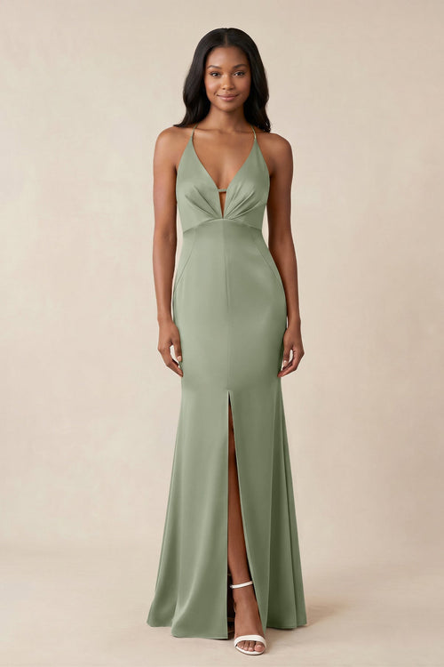 Mermaid V - Neck Satin Bridesmaid Dress With Slit in Dove Gray - KISS BRIDAL Bridesmaid Dresses