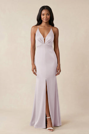 Mermaid V - Neck Satin Bridesmaid Dress With Slit in Dusk - KISS BRIDAL Bridesmaid Dresses