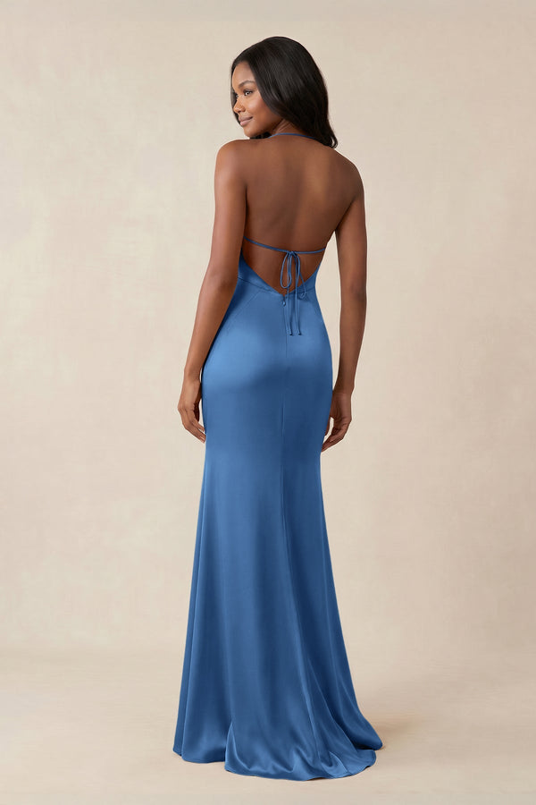 Mermaid V - Neck Satin Bridesmaid Dress With Slit in Dusty Blue - KISS BRIDAL Bridesmaid Dresses