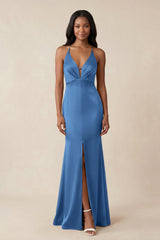 Mermaid V - Neck Satin Bridesmaid Dress With Slit in Dusty Blue - KISS BRIDAL Bridesmaid Dresses