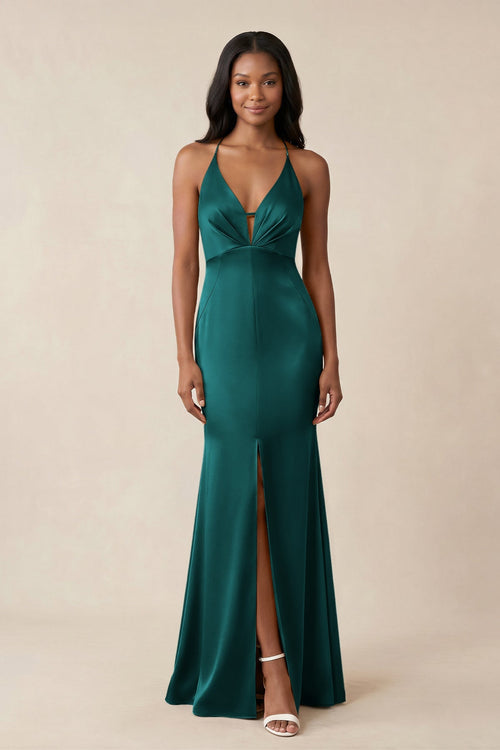 Mermaid V - Neck Satin Bridesmaid Dress With Slit in Emerald - KISS BRIDAL Bridesmaid Dresses