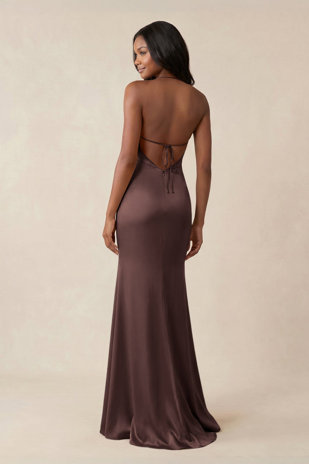 Mermaid V - Neck Satin Bridesmaid Dress With Slit in Espresso - KISS BRIDAL Bridesmaid Dresses