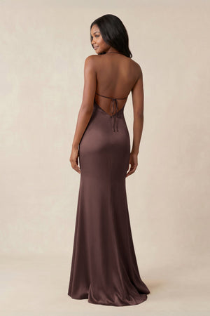 Mermaid V - Neck Satin Bridesmaid Dress With Slit in Espresso - KISS BRIDAL Bridesmaid Dresses