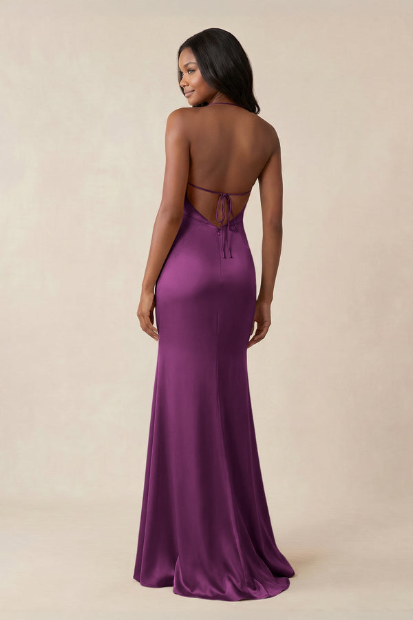 Mermaid V - Neck Satin Bridesmaid Dress With Slit in Fig - KISS BRIDAL Bridesmaid Dresses