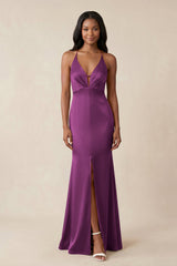 Mermaid V - Neck Satin Bridesmaid Dress With Slit in Fig - KISS BRIDAL Bridesmaid Dresses