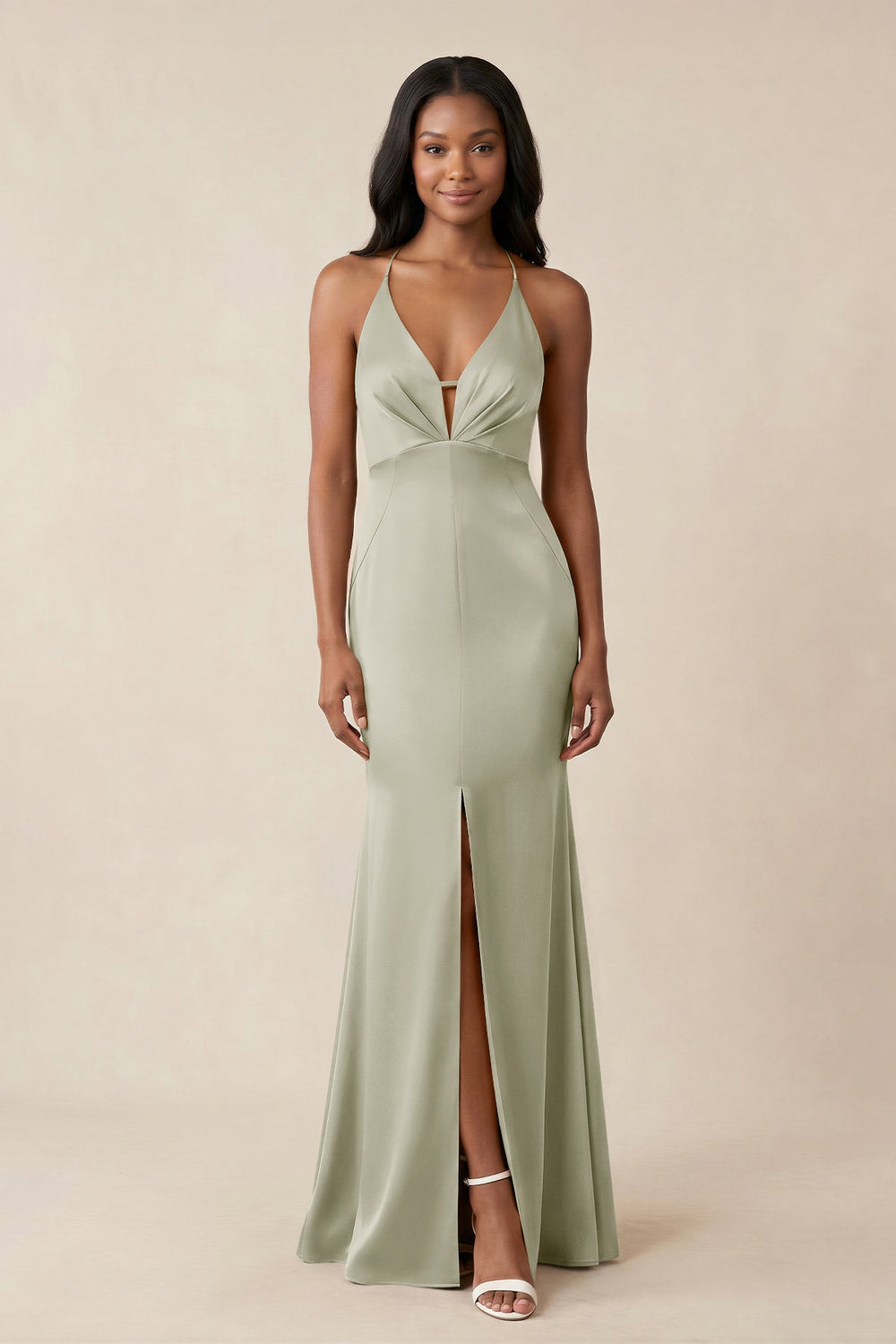 Mermaid V - Neck Satin Bridesmaid Dress With Slit in Frost - KISS BRIDAL Bridesmaid Dresses