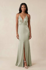 Mermaid V - Neck Satin Bridesmaid Dress With Slit in Frost - KISS BRIDAL Bridesmaid Dresses