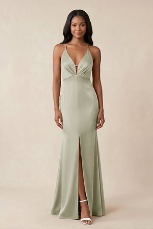 Mermaid V - Neck Satin Bridesmaid Dress With Slit in Frost - KISS BRIDAL Bridesmaid Dresses