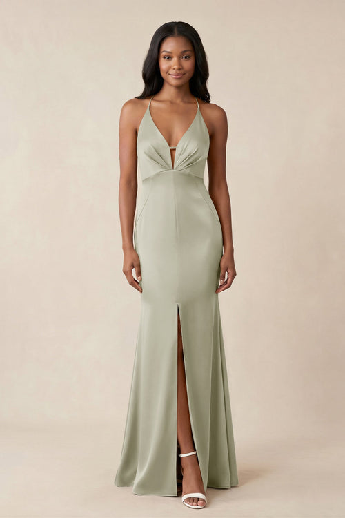 Mermaid V - Neck Satin Bridesmaid Dress With Slit in Frost - KISS BRIDAL Bridesmaid Dresses