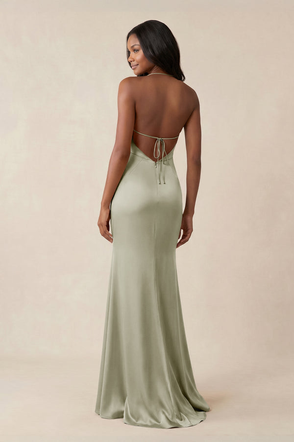 Mermaid V - Neck Satin Bridesmaid Dress With Slit in Frost - KISS BRIDAL Bridesmaid Dresses