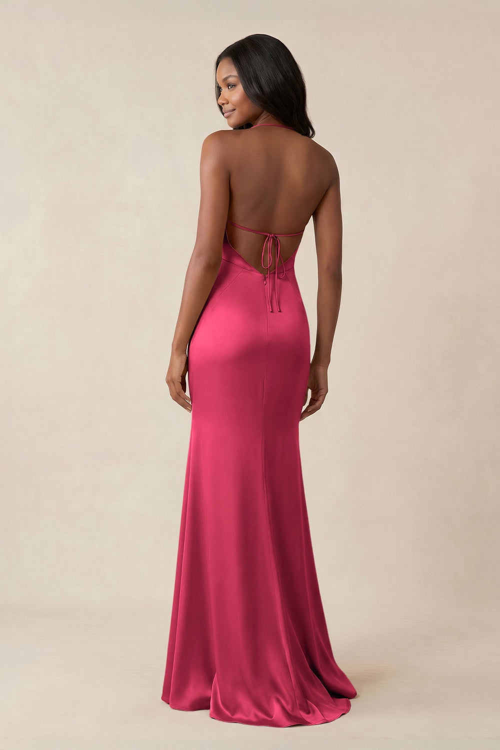 Mermaid V - Neck Satin Bridesmaid Dress With Slit in Fuchsia - KISS BRIDAL Bridesmaid Dresses