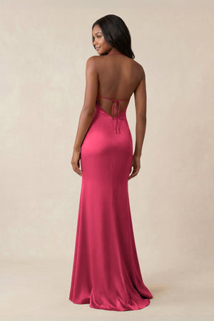 Mermaid V - Neck Satin Bridesmaid Dress With Slit in Fuchsia - KISS BRIDAL Bridesmaid Dresses