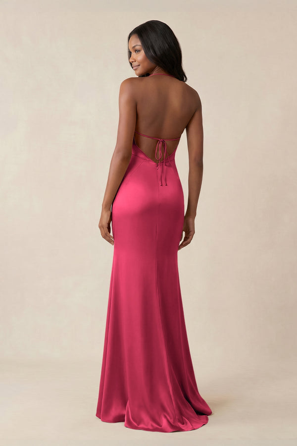 Mermaid V - Neck Satin Bridesmaid Dress With Slit in Fuchsia - KISS BRIDAL Bridesmaid Dresses