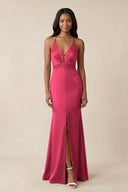 Mermaid V - Neck Satin Bridesmaid Dress With Slit in Fuchsia - KISS BRIDAL Bridesmaid Dresses
