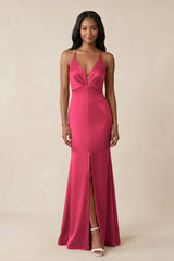 Mermaid V - Neck Satin Bridesmaid Dress With Slit in Fuchsia - KISS BRIDAL Bridesmaid Dresses