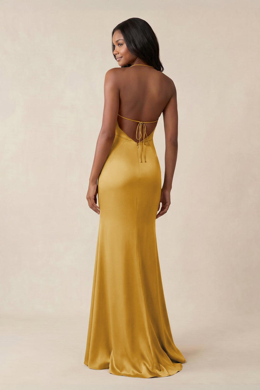 Mermaid V - Neck Satin Bridesmaid Dress With Slit in Gold - KISS BRIDAL Bridesmaid Dresses