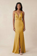 Mermaid V - Neck Satin Bridesmaid Dress With Slit in Gold - KISS BRIDAL Bridesmaid Dresses