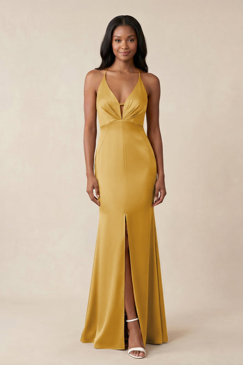 Mermaid V - Neck Satin Bridesmaid Dress With Slit in Gold - KISS BRIDAL Bridesmaid Dresses