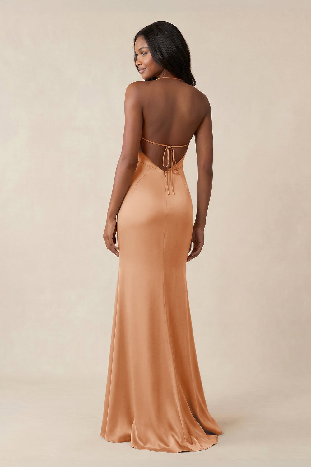 Mermaid V - Neck Satin Bridesmaid Dress With Slit in Golden Champagne - KISS BRIDAL Bridesmaid Dresses