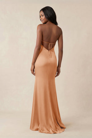 Mermaid V - Neck Satin Bridesmaid Dress With Slit in Golden Champagne - KISS BRIDAL Bridesmaid Dresses