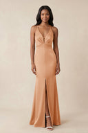 Mermaid V - Neck Satin Bridesmaid Dress With Slit in Golden Champagne - KISS BRIDAL Bridesmaid Dresses
