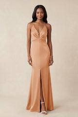 Mermaid V - Neck Satin Bridesmaid Dress With Slit in Golden Champagne - KISS BRIDAL Bridesmaid Dresses