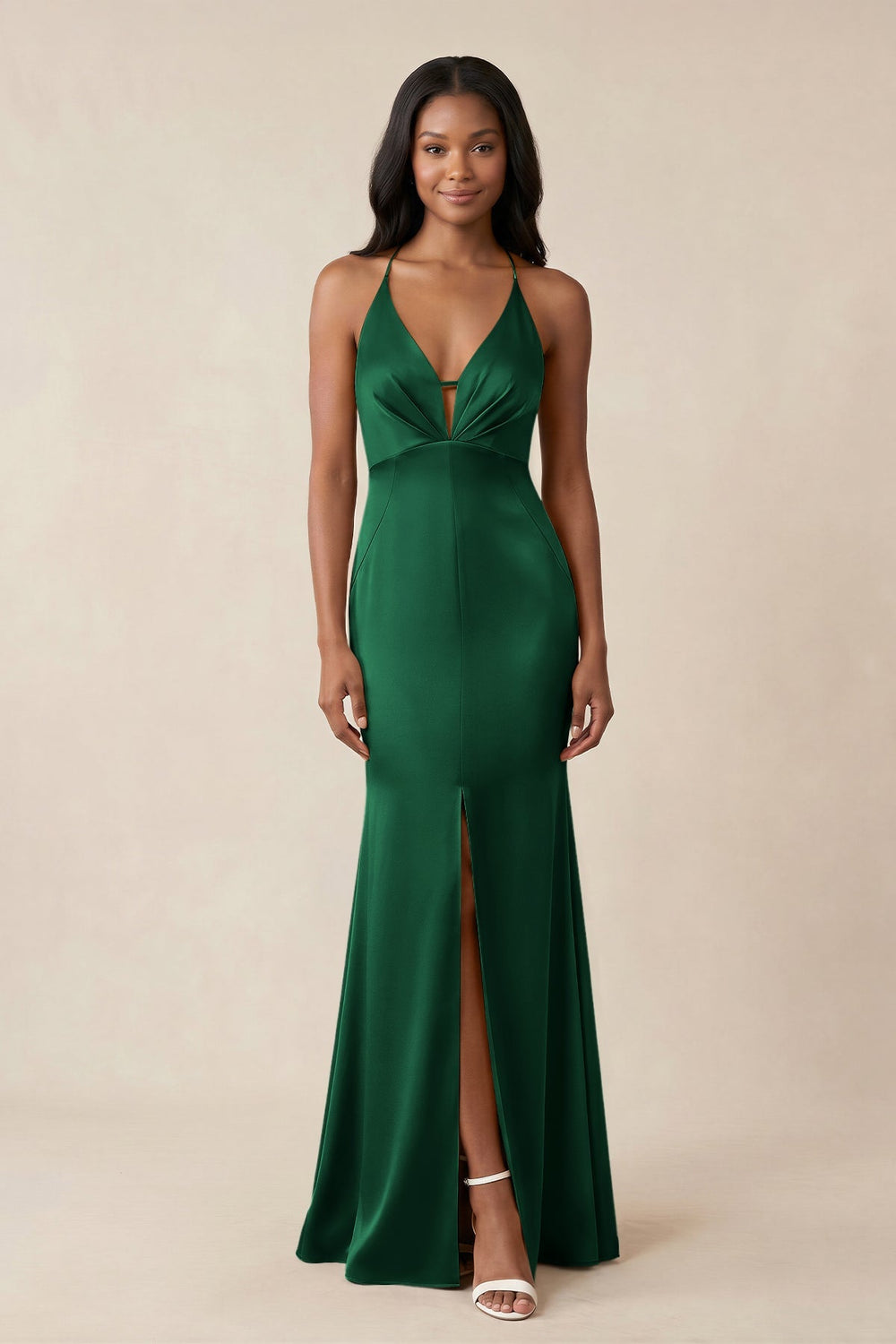 Mermaid V - Neck Satin Bridesmaid Dress With Slit in Green - KISS BRIDAL Bridesmaid Dresses