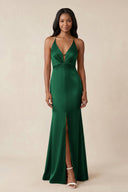 Mermaid V - Neck Satin Bridesmaid Dress With Slit in Green - KISS BRIDAL Bridesmaid Dresses