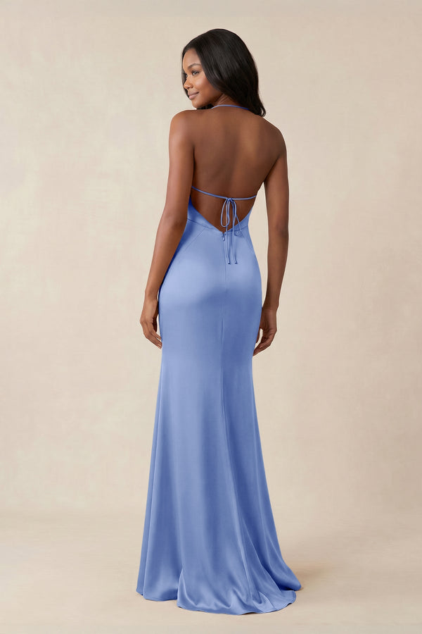 Mermaid V - Neck Satin Bridesmaid Dress With Slit in Ice - KISS BRIDAL Bridesmaid Dresses