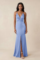 Mermaid V - Neck Satin Bridesmaid Dress With Slit in Ice - KISS BRIDAL Bridesmaid Dresses