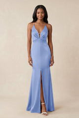 Mermaid V - Neck Satin Bridesmaid Dress With Slit in Ice - KISS BRIDAL Bridesmaid Dresses