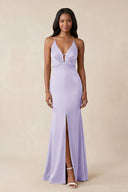 Mermaid V - Neck Satin Bridesmaid Dress With Slit in Lavender - KISS BRIDAL Bridesmaid Dresses