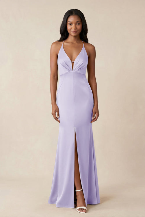 Mermaid V - Neck Satin Bridesmaid Dress With Slit in Lavender - KISS BRIDAL Bridesmaid Dresses